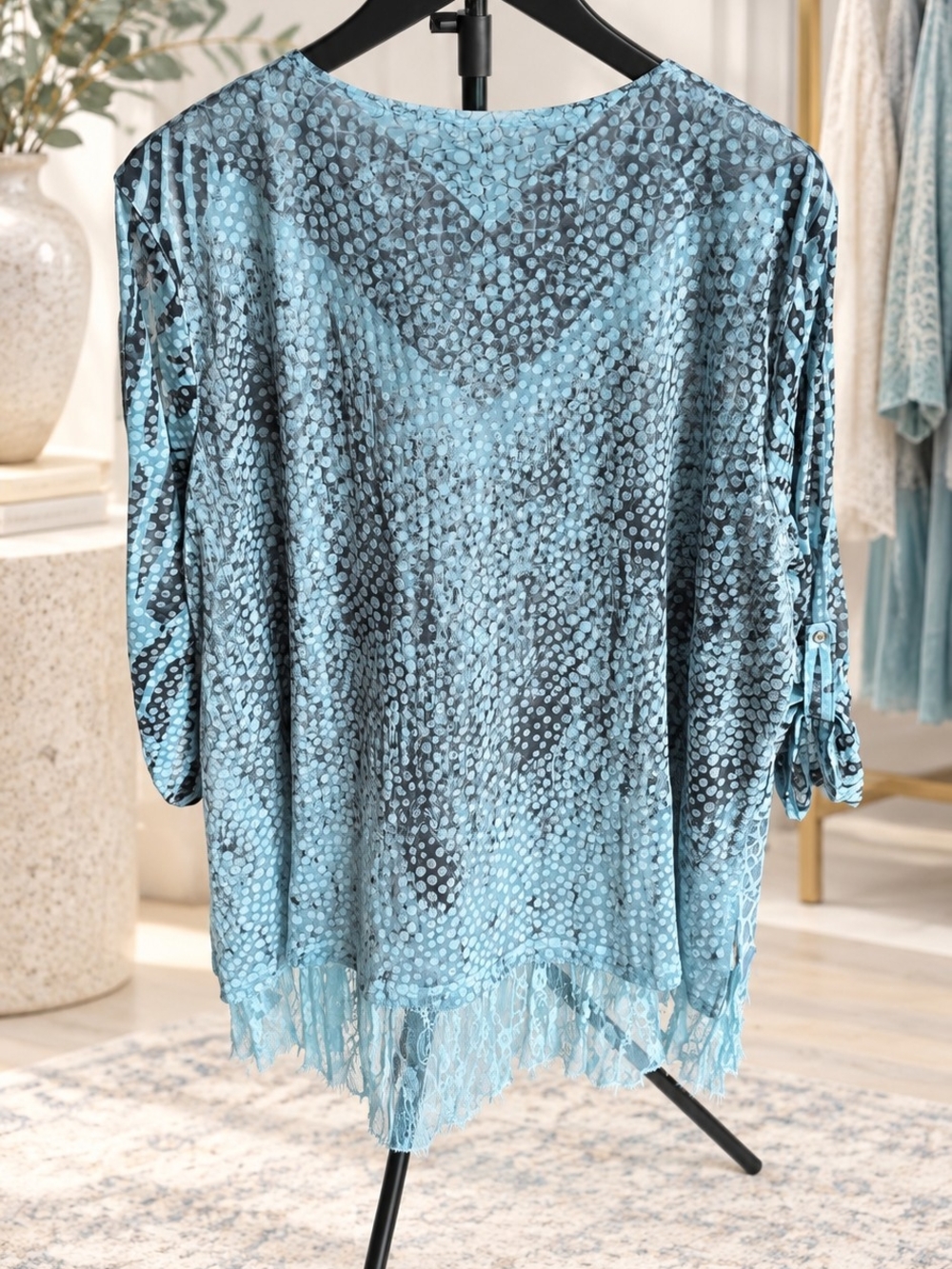 Ali Miles Blue Animal Printed V-Neck Lace-Hem Tunic 2x Boho, Festival - Picture 4 of 11